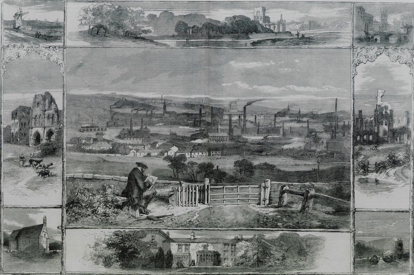 Kirkstall Abbey. Leeds, from Beeston Hall. Farnley Hall, Otley. Yorkshire 1858